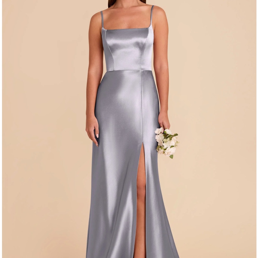 Mai Dress Dusty Blue Shiny Satin Maxi Dress with Spaghetti Straps and Front Slit